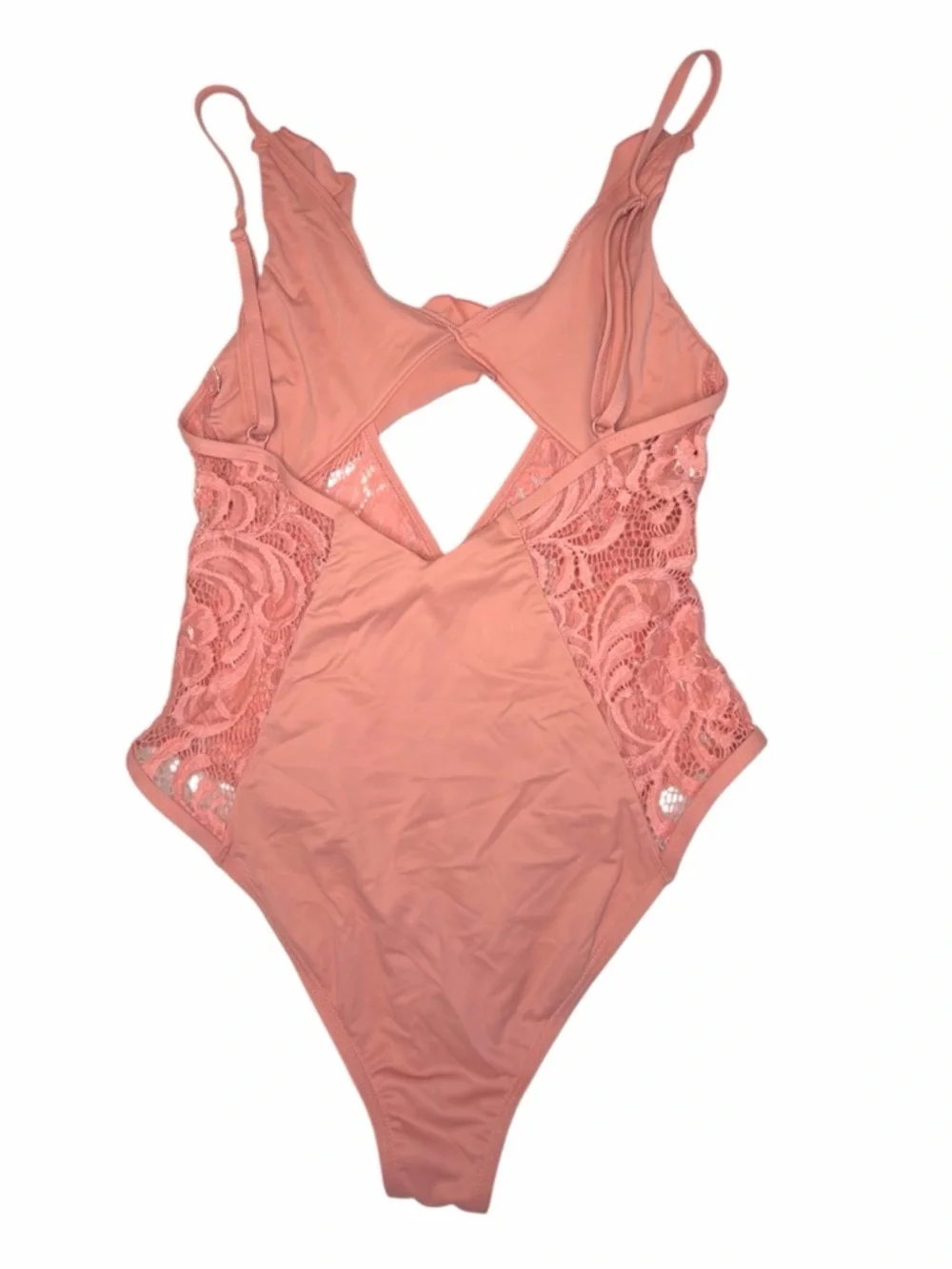 Paper Heart Swim Peach Ruffle Lace One Piece Swimsuit Cutout V Neck Size 6